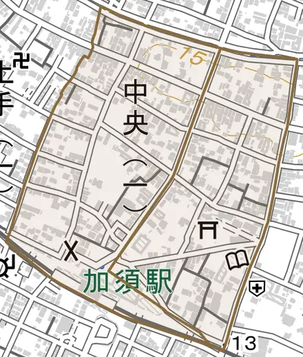 中央とその周辺の地図。町の範囲を重ねている