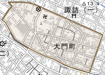 大門町とその周辺の地図。町の範囲を重ねている