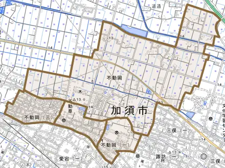 不動岡とその周辺の地図。町の範囲を重ねている