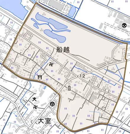 船越とその周辺の地図。町の範囲を重ねている