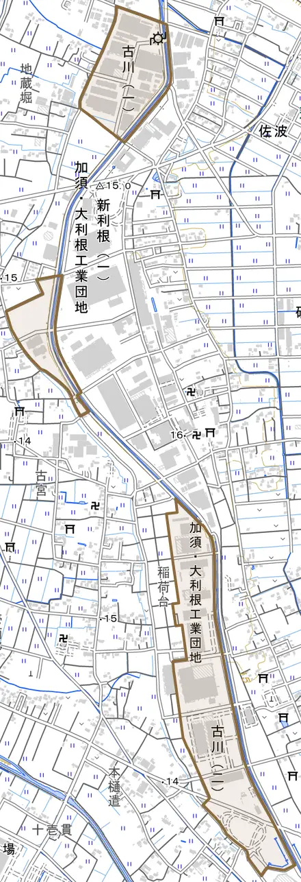 古川とその周辺の地図。町の範囲を重ねている