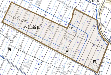 外記新田とその周辺の地図。町の範囲を重ねている