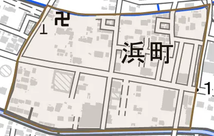 浜町とその周辺の地図。町の範囲を重ねている