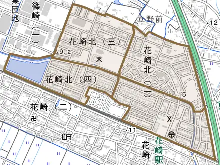 花崎北とその周辺の地図。町の範囲を重ねている