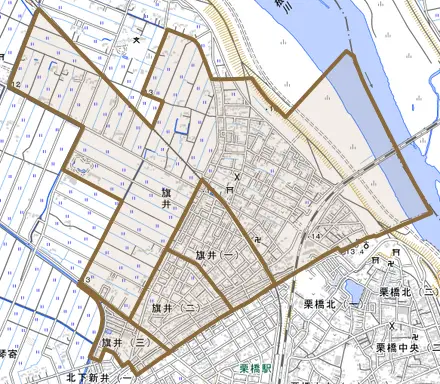 旗井とその周辺の地図。町の範囲を重ねている