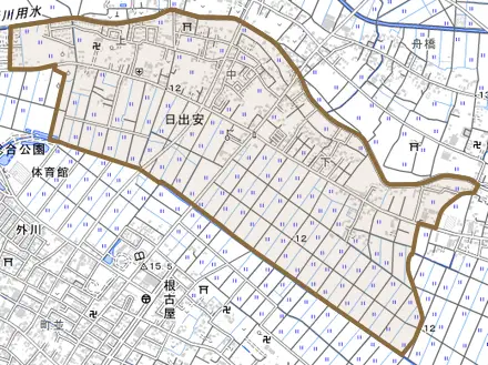 日出安とその周辺の地図。町の範囲を重ねている