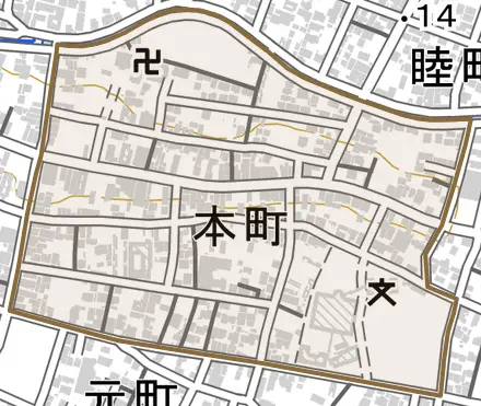 本町とその周辺の地図。町の範囲を重ねている