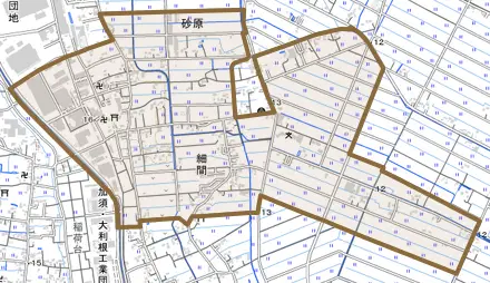 細間とその周辺の地図。町の範囲を重ねている