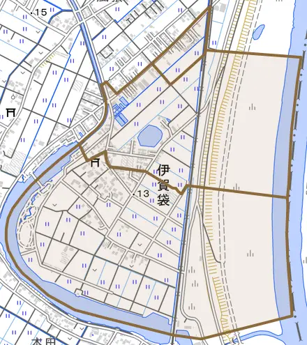 伊賀袋とその周辺の地図。町の範囲を重ねている