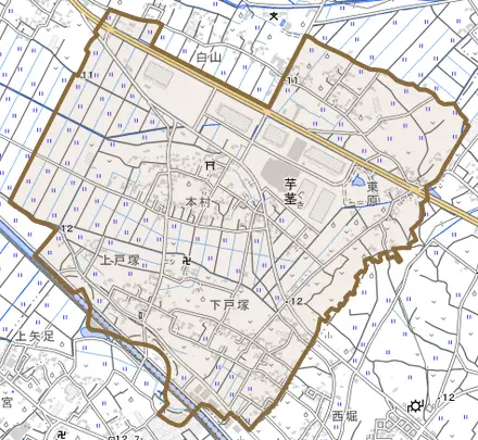 芋茎とその周辺の地図。町の範囲を重ねている
