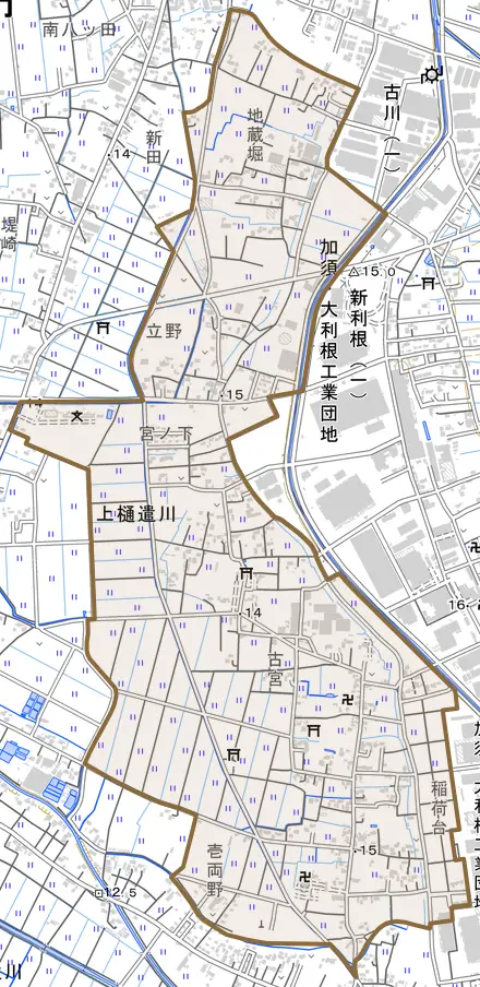 上樋遣川とその周辺の地図。町の範囲を重ねている