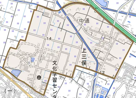 上三俣とその周辺の地図。町の範囲を重ねている