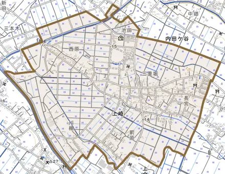 上崎とその周辺の地図。町の範囲を重ねている