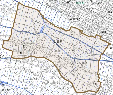 上高柳とその周辺の地図。町の範囲を重ねている