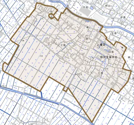 上種足とその周辺の地図。町の範囲を重ねている