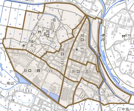 川口とその周辺の地図。町の範囲を重ねている