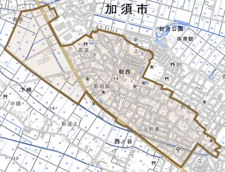 騎西とその周辺の地図。町の範囲を重ねている
