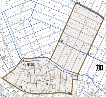 北平野とその周辺の地図。町の範囲を重ねている