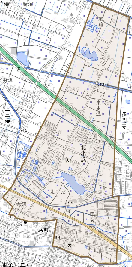 北小浜とその周辺の地図。町の範囲を重ねている