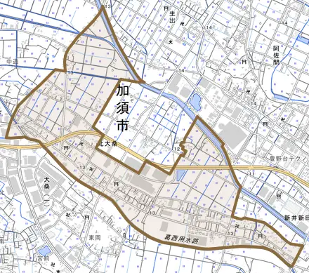 北大桑とその周辺の地図。町の範囲を重ねている