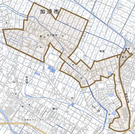 北下新井とその周辺の地図。町の範囲を重ねている