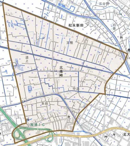 北篠崎とその周辺の地図。町の範囲を重ねている