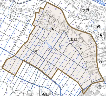北辻とその周辺の地図。町の範囲を重ねている