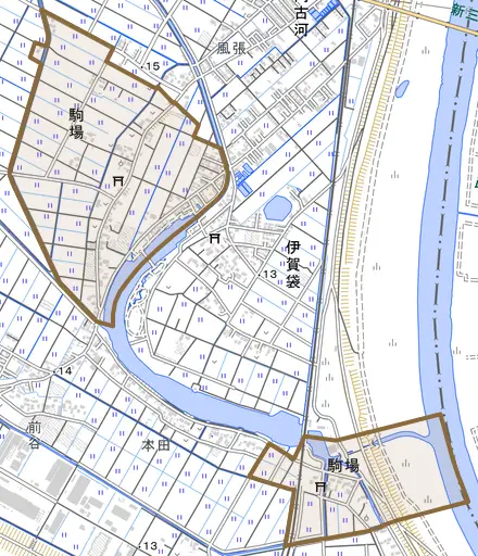 駒場とその周辺の地図。町の範囲を重ねている