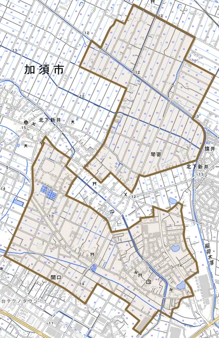 琴寄とその周辺の地図。町の範囲を重ねている