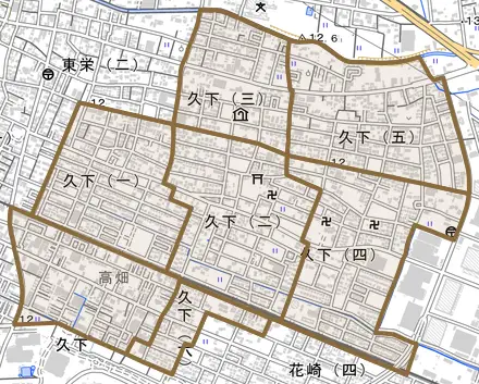 久下とその周辺の地図。町の範囲を重ねている