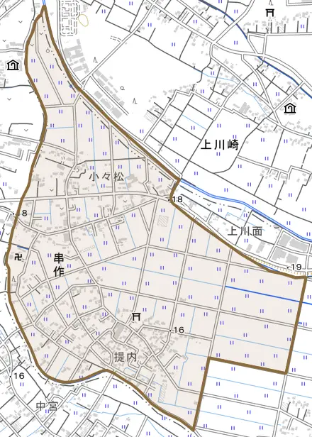串作とその周辺の地図。町の範囲を重ねている