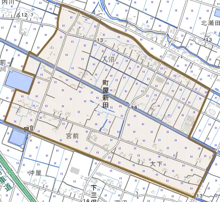 町屋新田とその周辺の地図。町の範囲を重ねている
