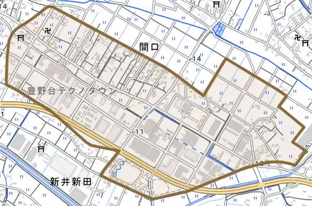 間口とその周辺の地図。町の範囲を重ねている