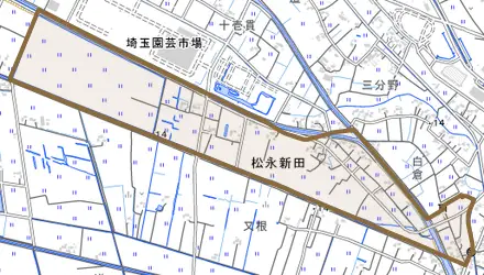 松永新田とその周辺の地図。町の範囲を重ねている