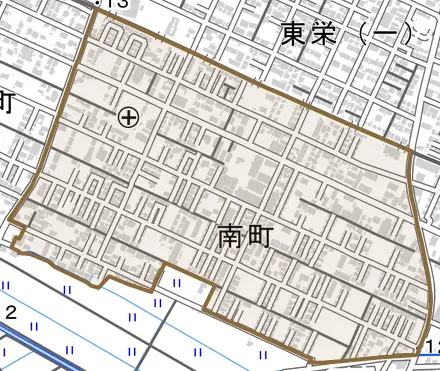 南町とその周辺の地図。町の範囲を重ねている