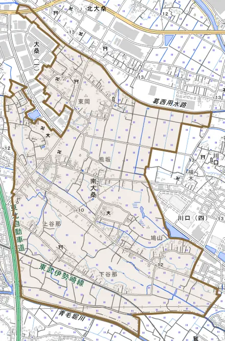 南大桑とその周辺の地図。町の範囲を重ねている
