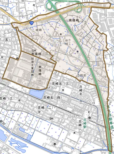 南篠崎とその周辺の地図。町の範囲を重ねている