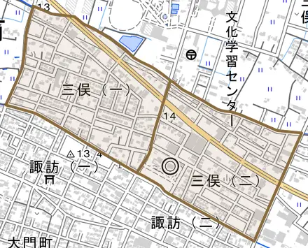 三俣とその周辺の地図。町の範囲を重ねている