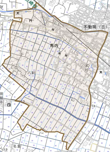馬内とその周辺の地図。町の範囲を重ねている