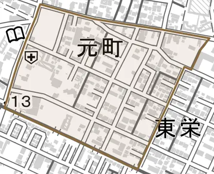 元町とその周辺の地図。町の範囲を重ねている