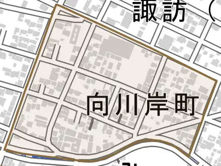 向川岸町とその周辺の地図。町の範囲を重ねている