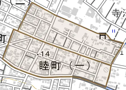 睦町とその周辺の地図。町の範囲を重ねている