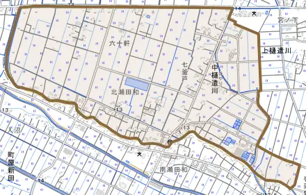 中樋遣川とその周辺の地図。町の範囲を重ねている
