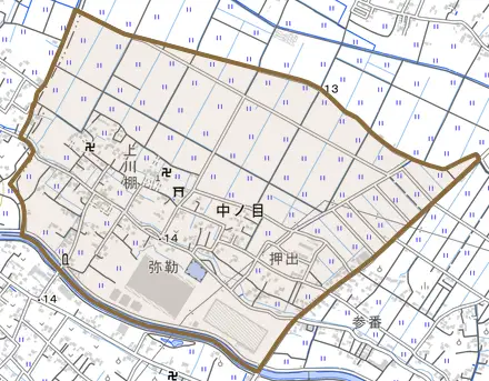 中ノ目とその周辺の地図。町の範囲を重ねている