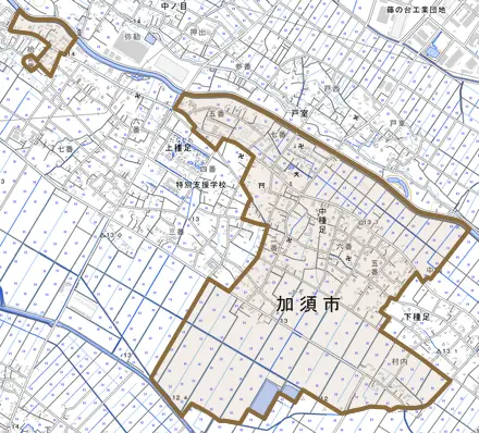 中種足とその周辺の地図。町の範囲を重ねている