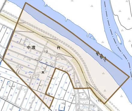 中渡とその周辺の地図。町の範囲を重ねている