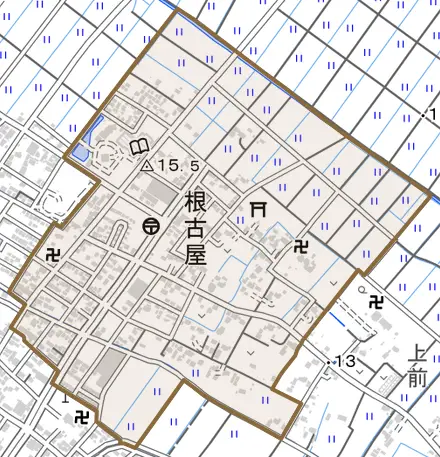 根古屋とその周辺の地図。町の範囲を重ねている