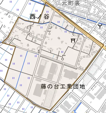 西ノ谷とその周辺の地図。町の範囲を重ねている