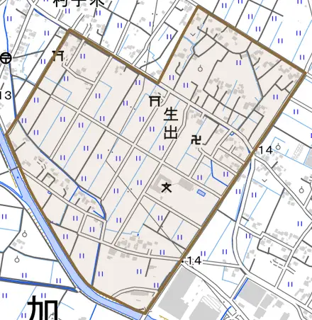 生出とその周辺の地図。町の範囲を重ねている