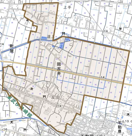 岡古井とその周辺の地図。町の範囲を重ねている